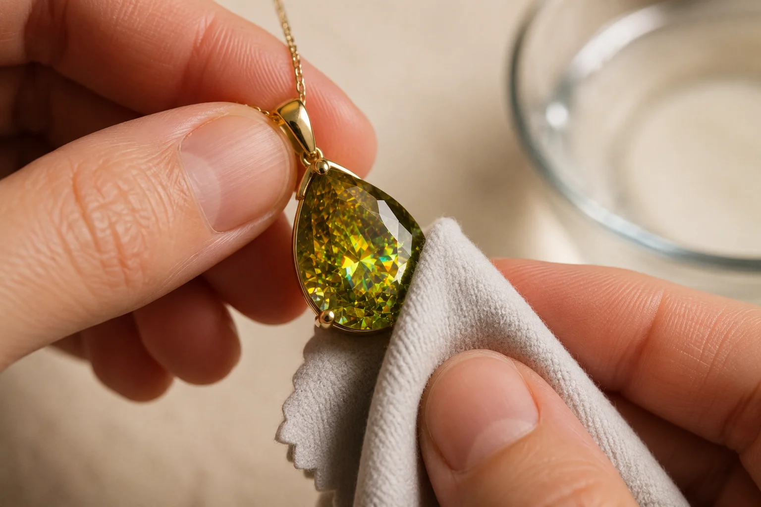 photo of a sphene pendant being cleaned gently