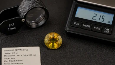 photo of a sphene with a loupe and gem scale