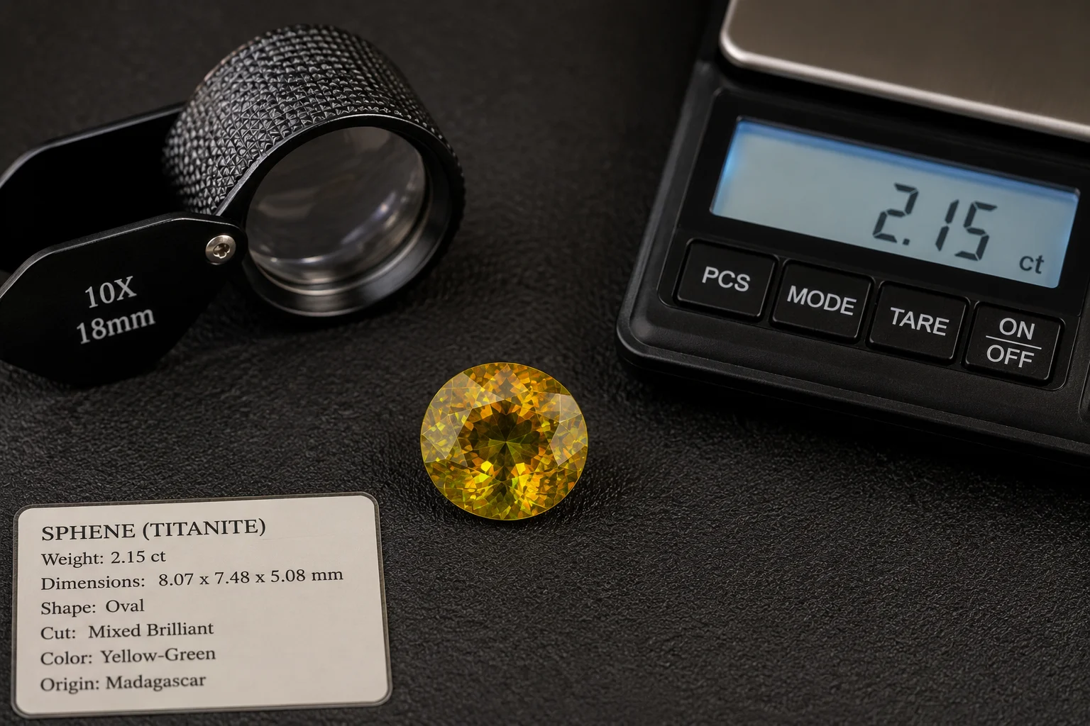 photo of a sphene with a loupe and gem scale