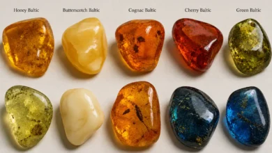 amber pieces ranging from golden Baltic to rare blue Dominican amber