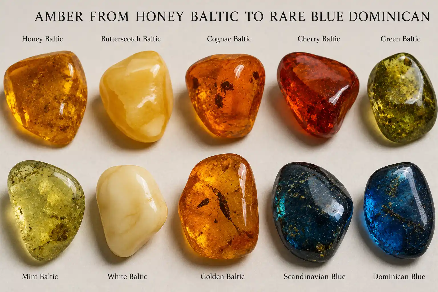 amber pieces ranging from golden Baltic to rare blue Dominican amber