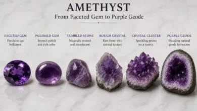 deep purple amethyst as a faceted gem beside an amethyst geode