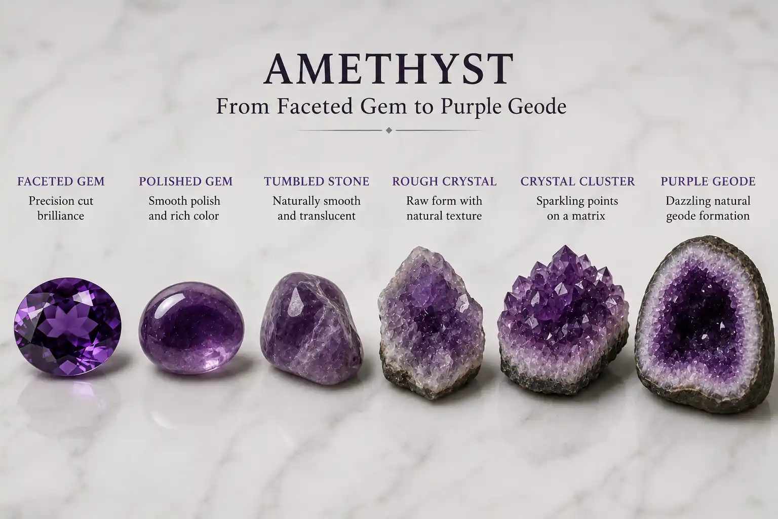 deep purple amethyst as a faceted gem beside an amethyst geode