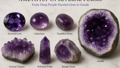 deep purple amethyst shown as a faceted gem, cluster and geode