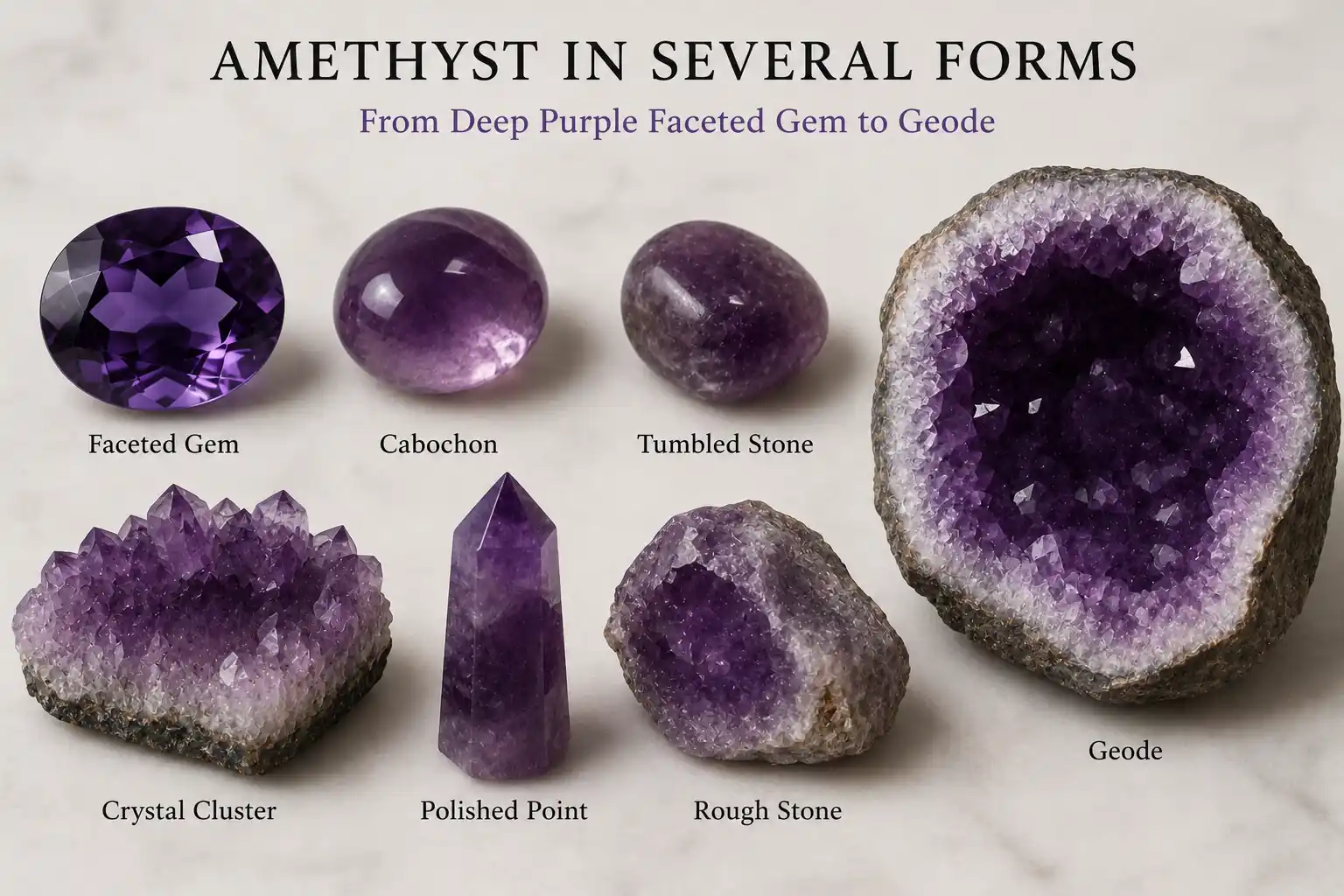 deep purple amethyst shown as a faceted gem, cluster and geode
