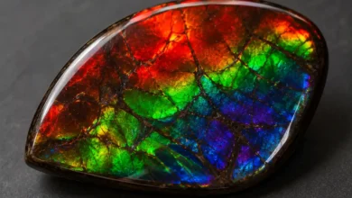 iridescent ammolite gemstone flashing red, green and blue
