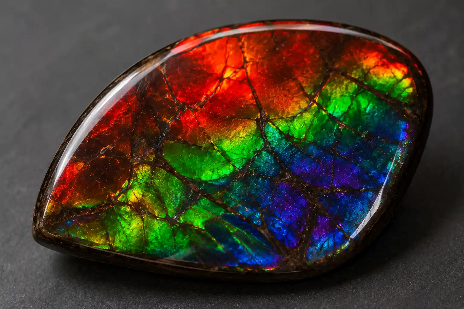 iridescent ammolite gemstone flashing red, green and blue