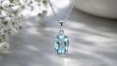 photo of an aquamarine pendant on a chain