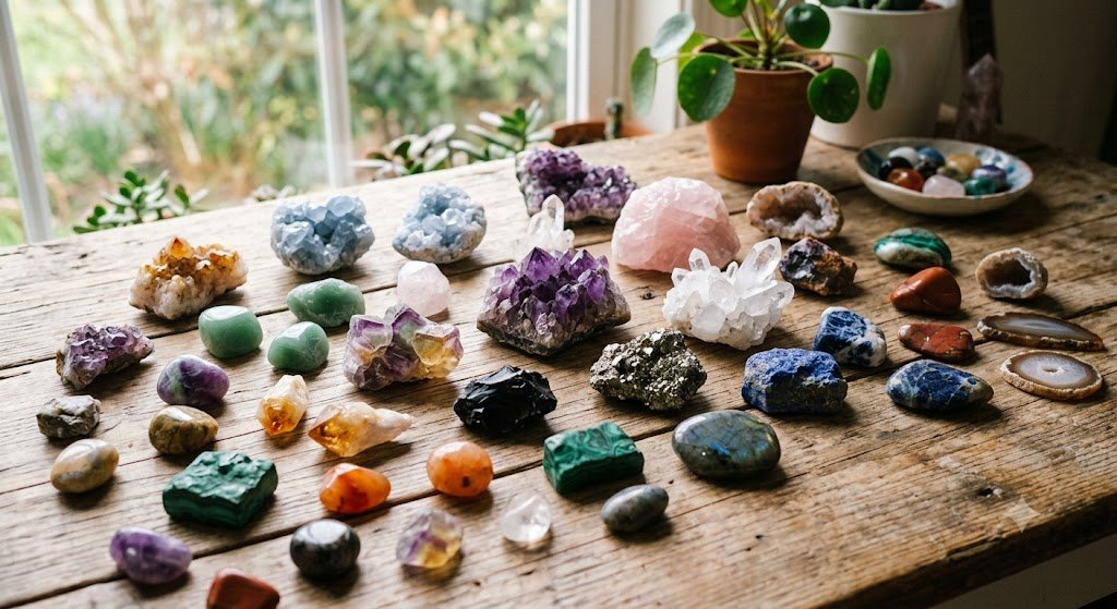 assorted crystals and stones laid out for identification
