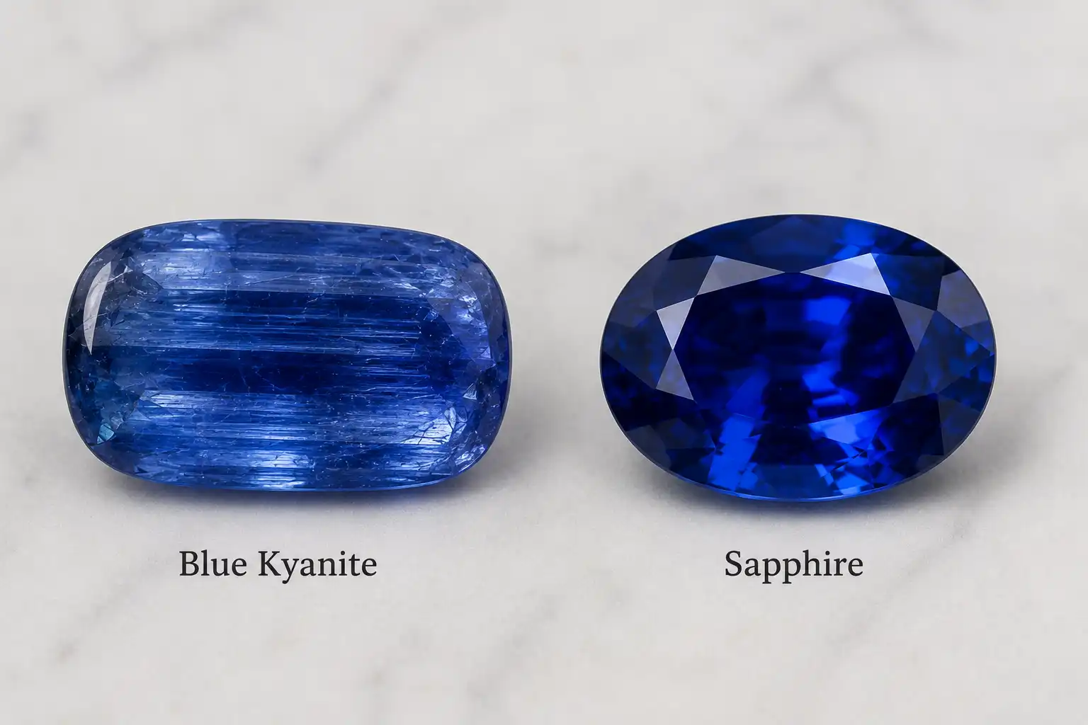 photo of blue kyanite beside a sapphire