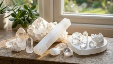 a group of bright positive-energy crystals including selenite and clear quartz