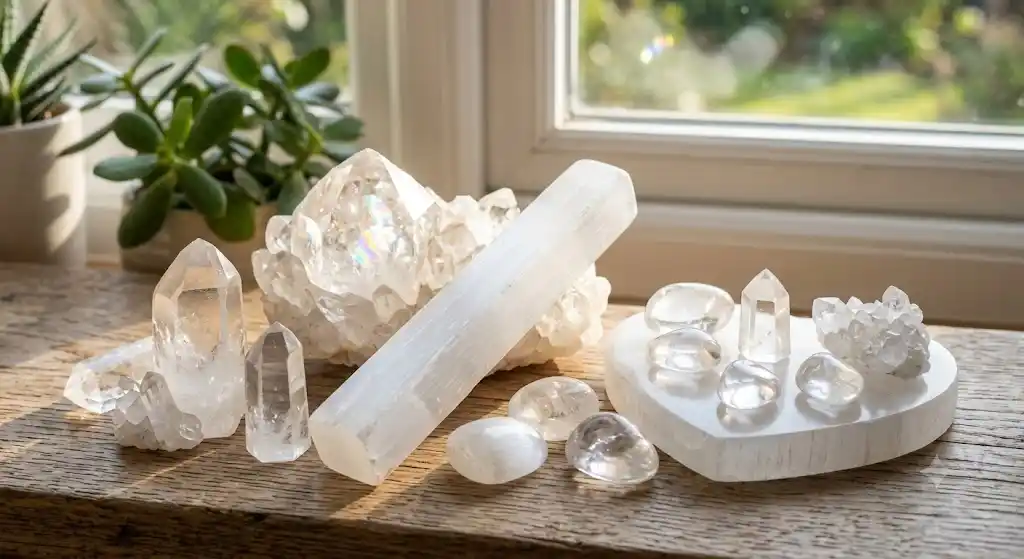 a group of bright positive-energy crystals including selenite and clear quartz