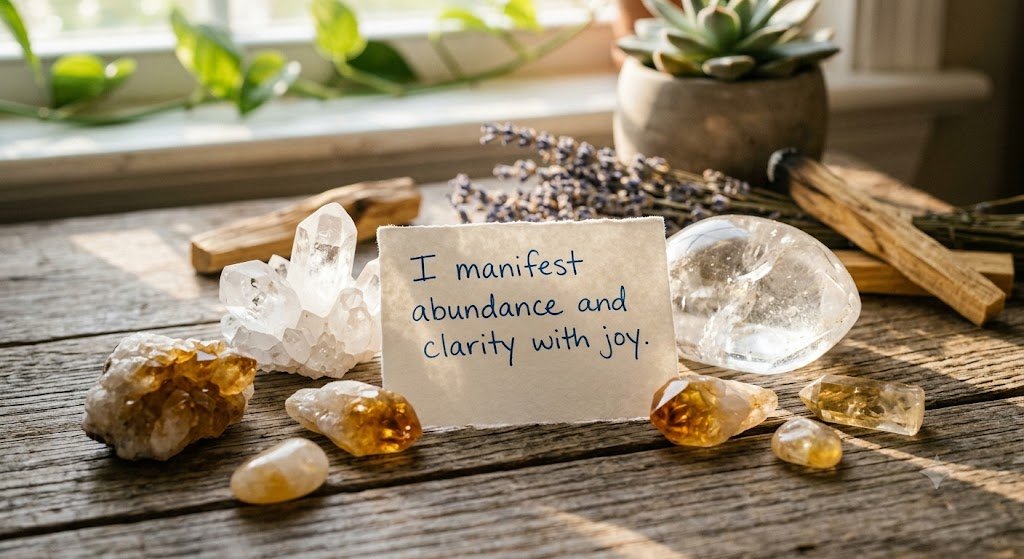 clear quartz and citrine manifestation crystals beside a written intention