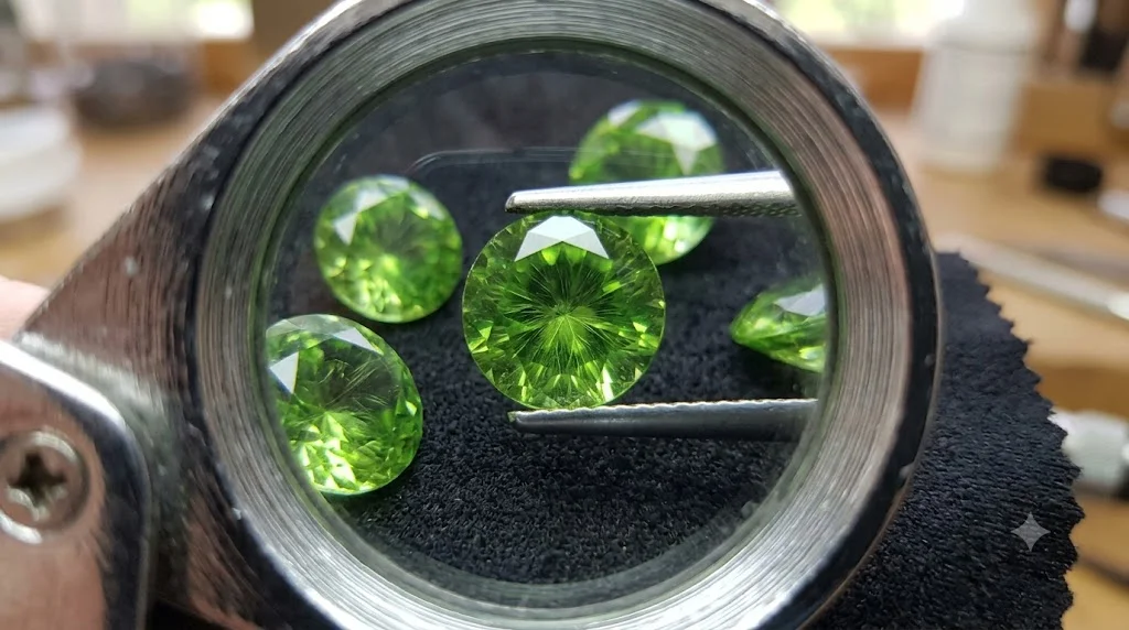 photo of demantoid garnets under a loupe