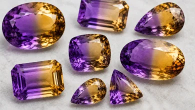 faceted ametrine gemstones showing purple amethyst and golden citrine zones