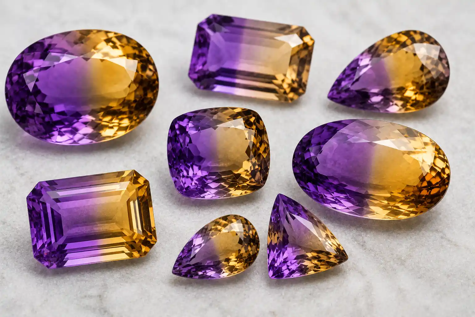 faceted ametrine gemstones showing purple amethyst and golden citrine zones
