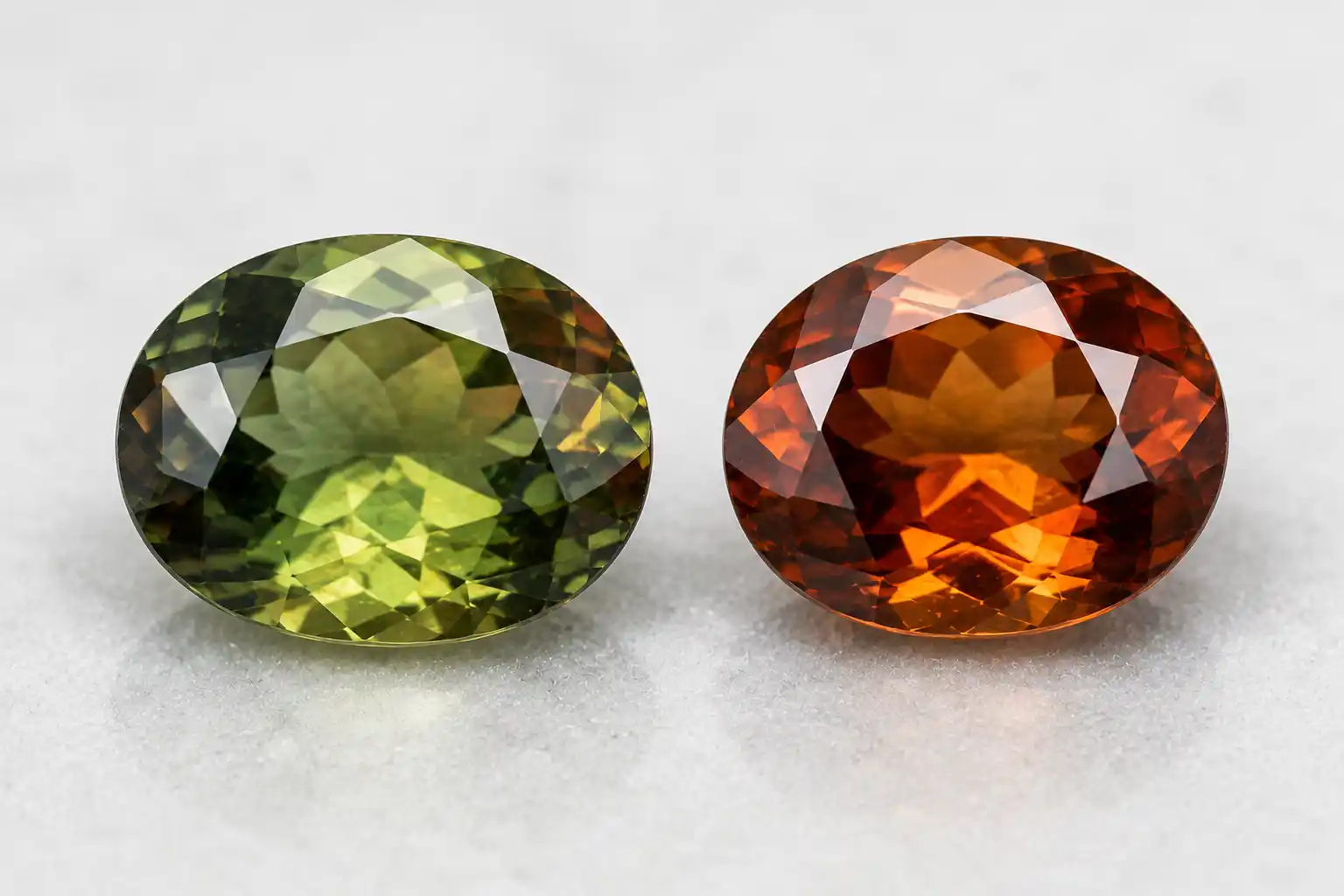 faceted andalusite gemstones showing green and reddish-brown pleochroic colors