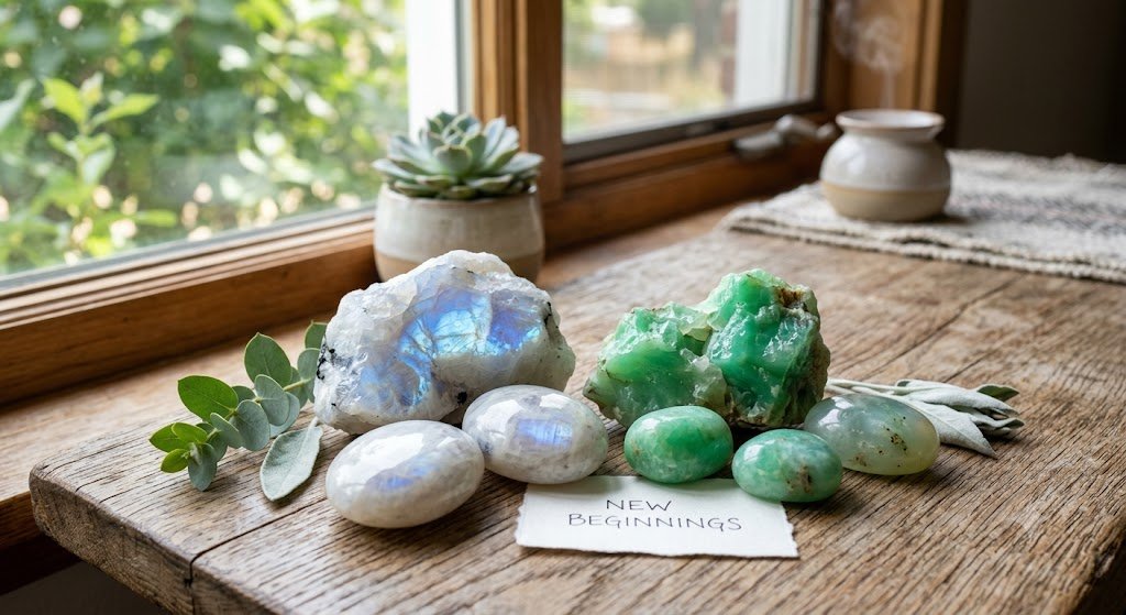 a group of fresh-start new beginnings crystals including moonstone