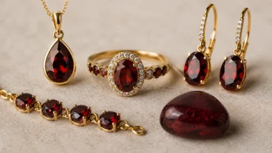 photo of garnet jewelry and a tumbled garnet
