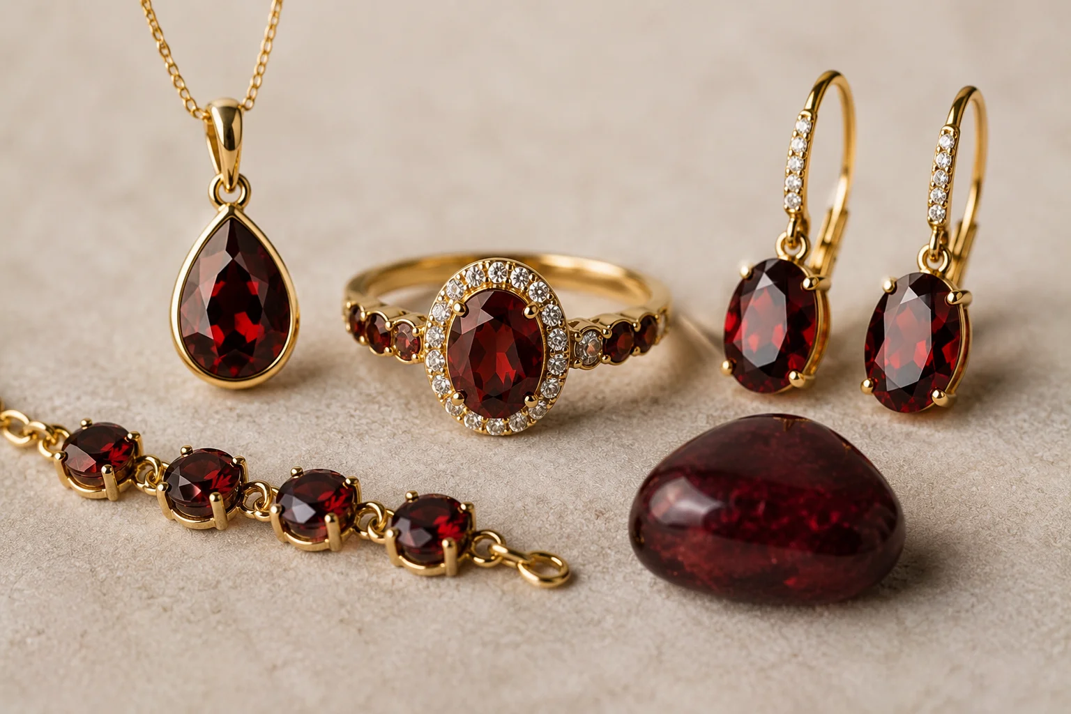 photo of garnet jewelry and a tumbled garnet