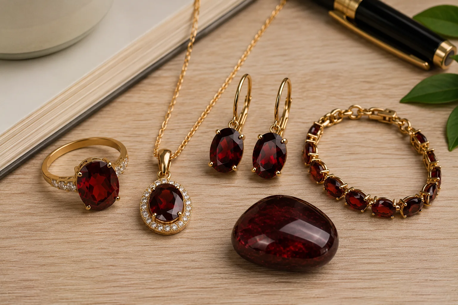 photo of garnet jewelry and a tumbled stone on a desk