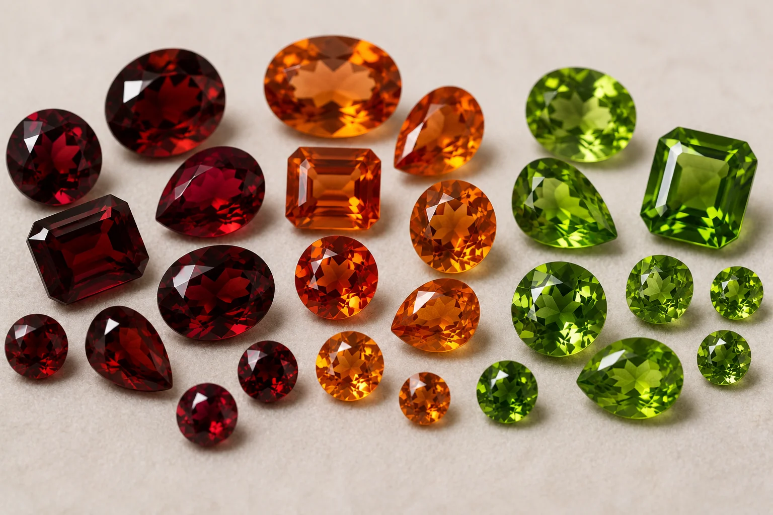 different types of garnet in red, orange, and green