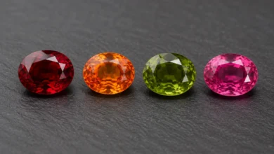 photo of garnets in red, orange, green, and pink