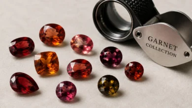 photo of garnets in several colors with a loupe