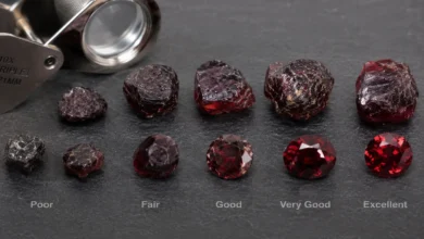 photo of garnets of varying quality with a loupe