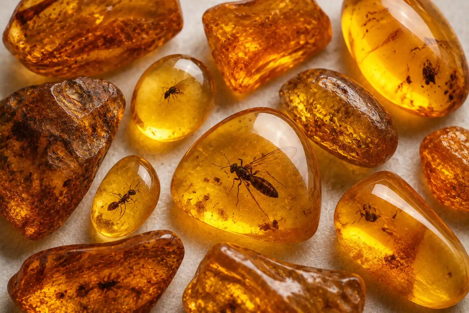 golden Baltic amber pieces, one with a small insect inclusion