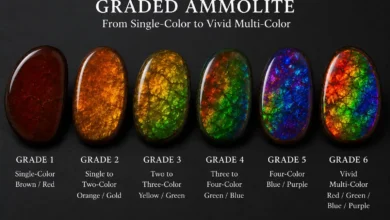 ammolite gems ranging from single-color to vivid multi-color iridescence