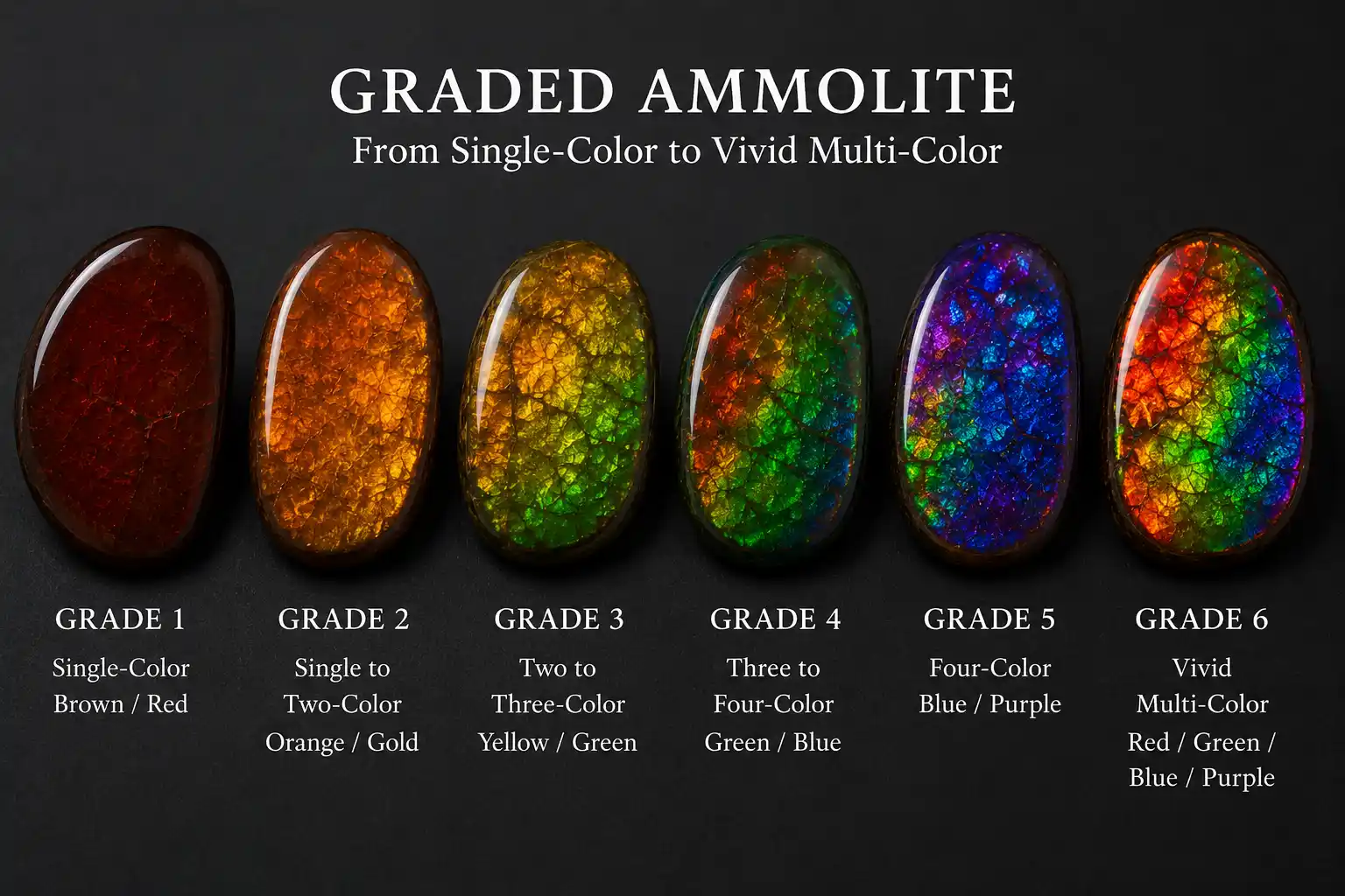 ammolite gems ranging from single-color to vivid multi-color iridescence