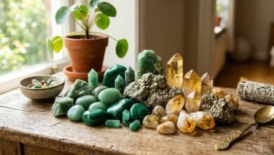 photo of green and gold lucky crystals together