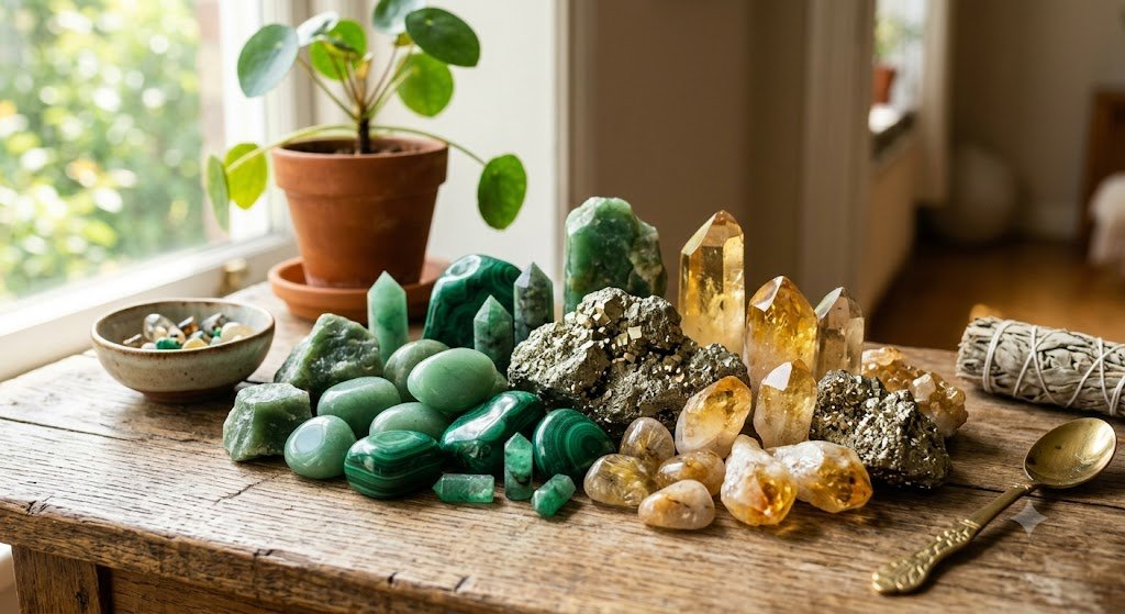 photo of green and gold lucky crystals together
