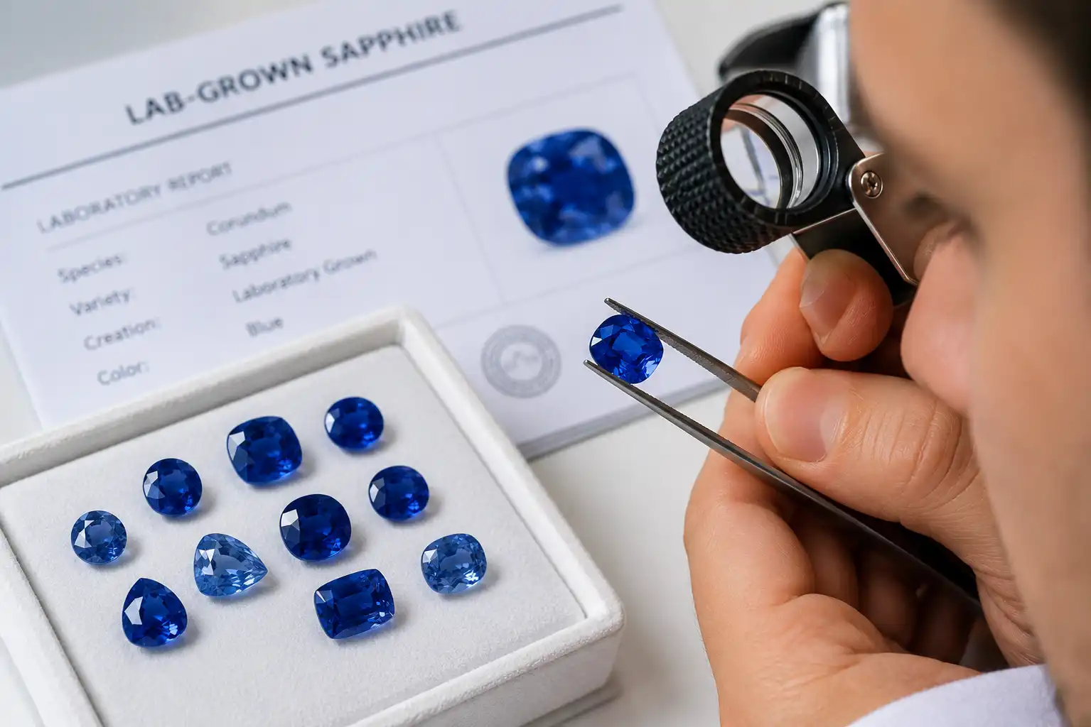 photo of lab sapphires being examined