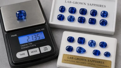 photo of lab sapphires with a gem scale