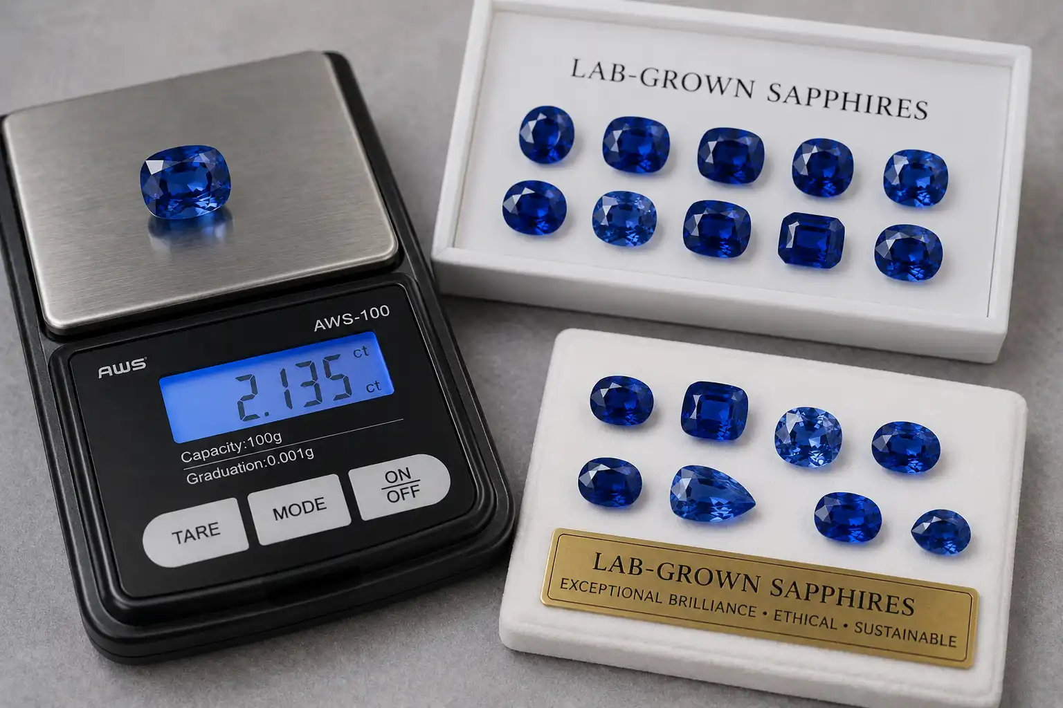 photo of lab sapphires with a gem scale