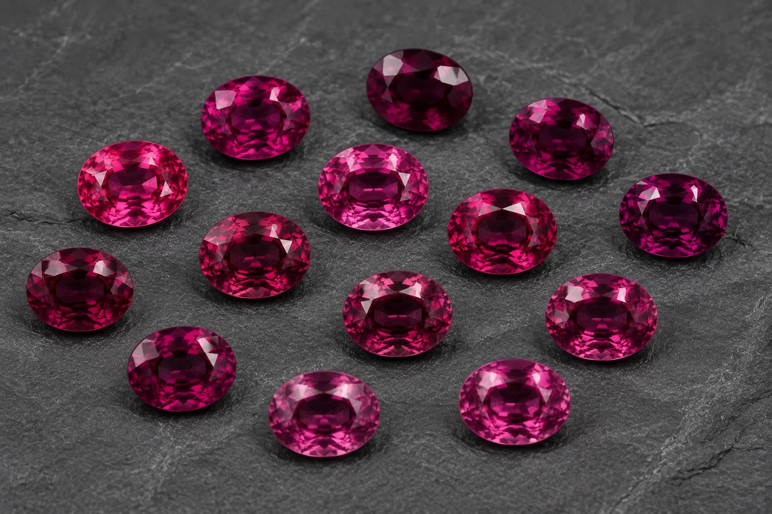 photo of loose rhodolite garnets in several tones