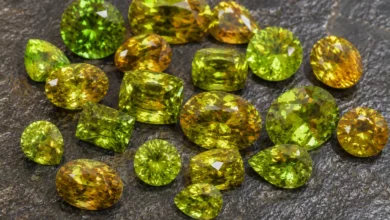 photo of loose sphene gems in green and gold