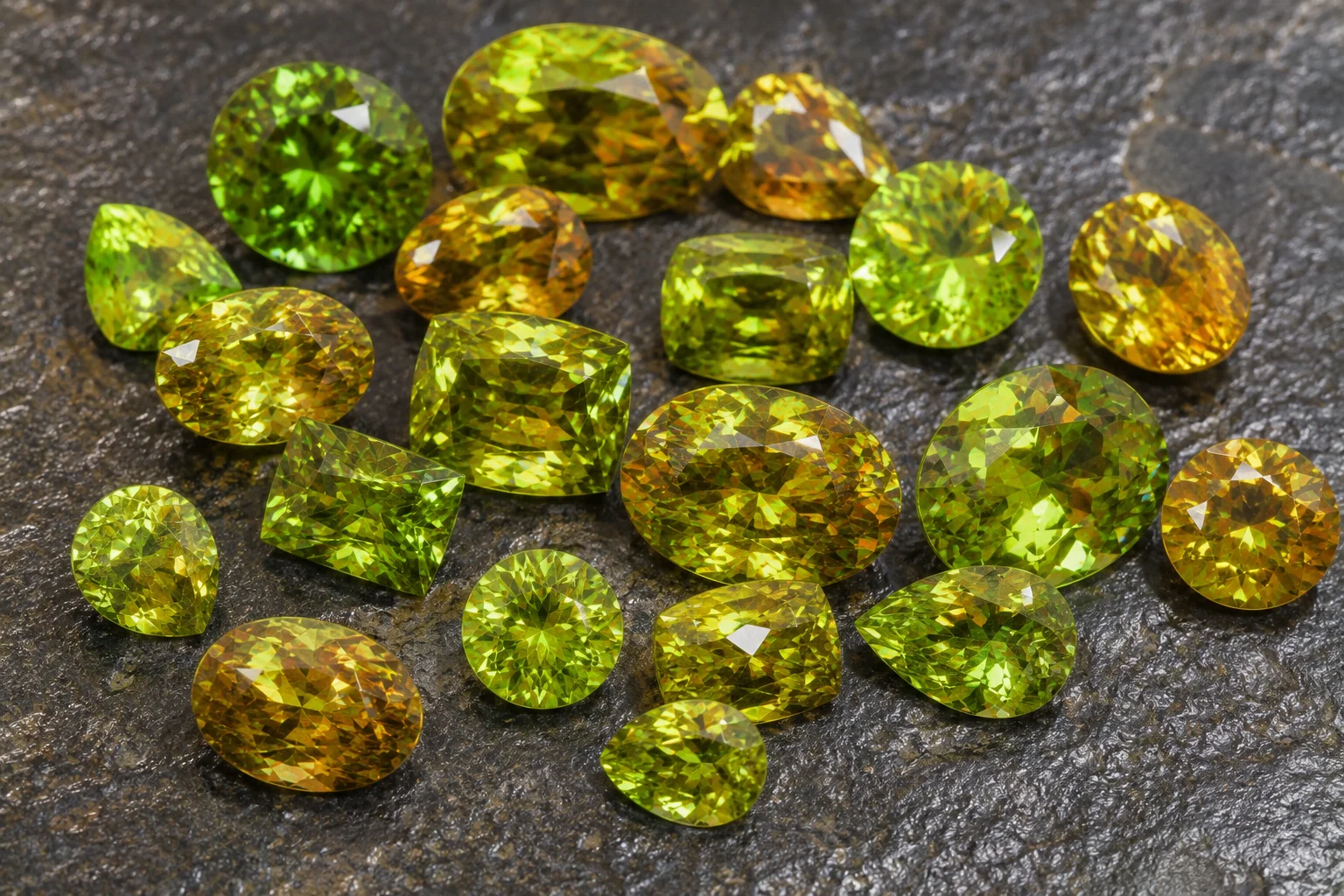 photo of loose sphene gems in green and gold