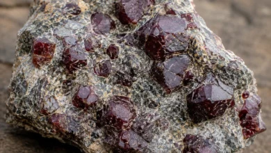 photo of rough garnet crystals in rock