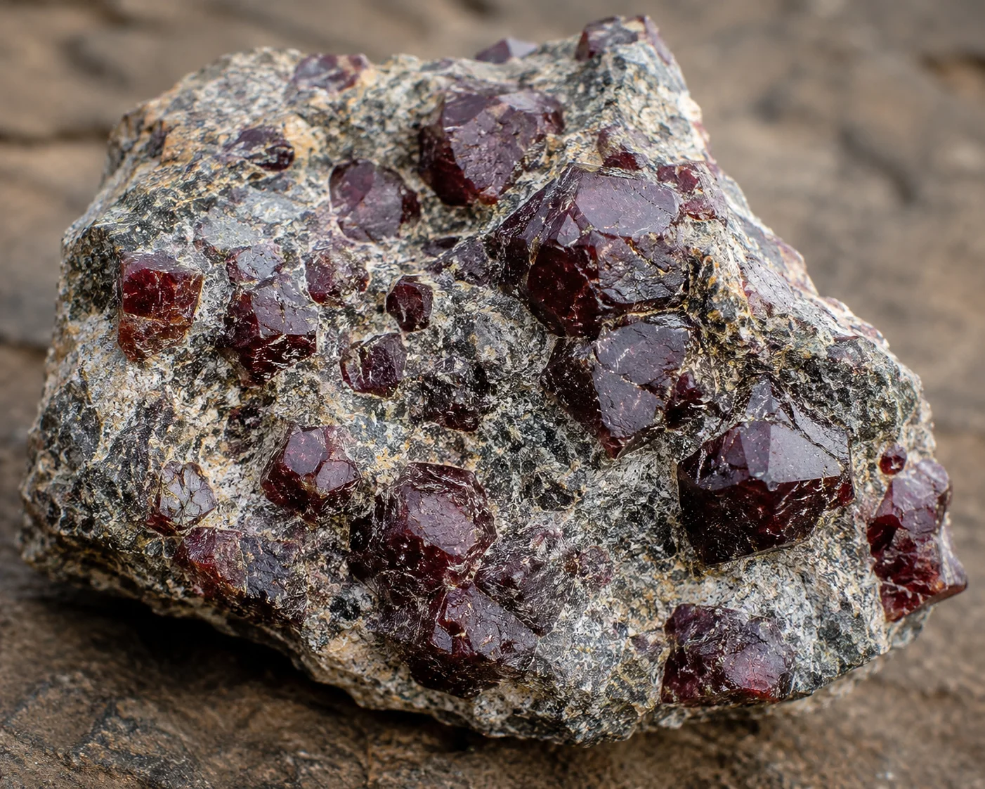 photo of rough garnet crystals in rock