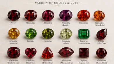 photo of several garnets in different colors and cuts