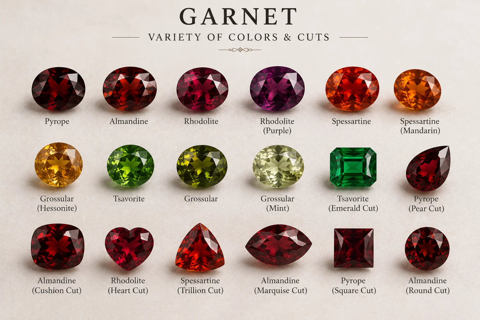 photo of several garnets in different colors and cuts