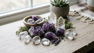 a group of soothing healing crystals including clear quartz and amethyst