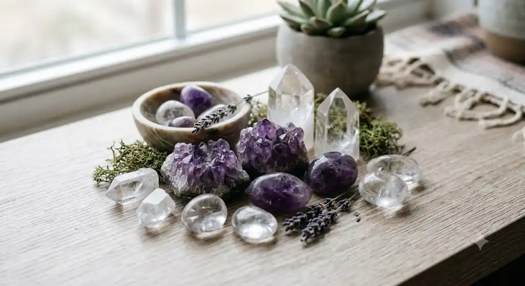 a group of soothing healing crystals including clear quartz and amethyst