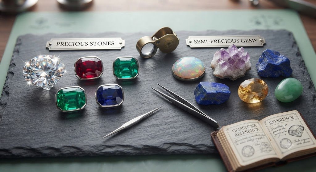 precious stones beside semi-precious gemstones for comparison