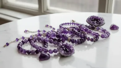 purple amethyst bead bracelet on a wrist