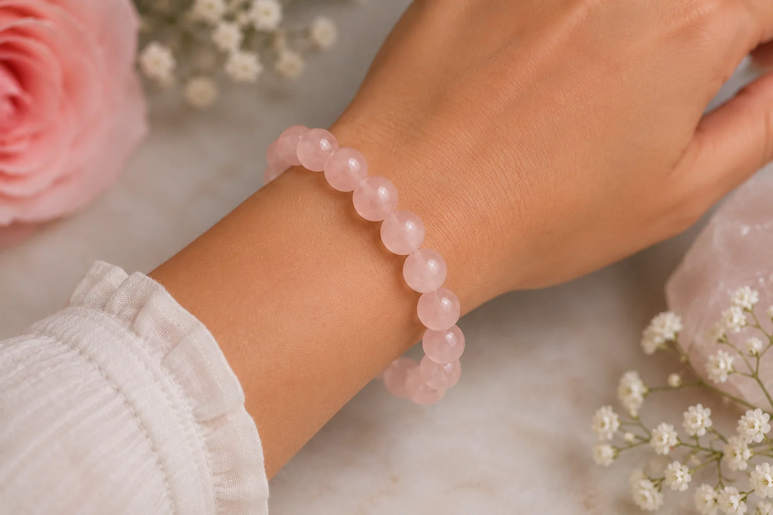 rose quartz bead bracelet on a wrist