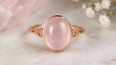 soft pink rose quartz cabochon ring in a silver setting